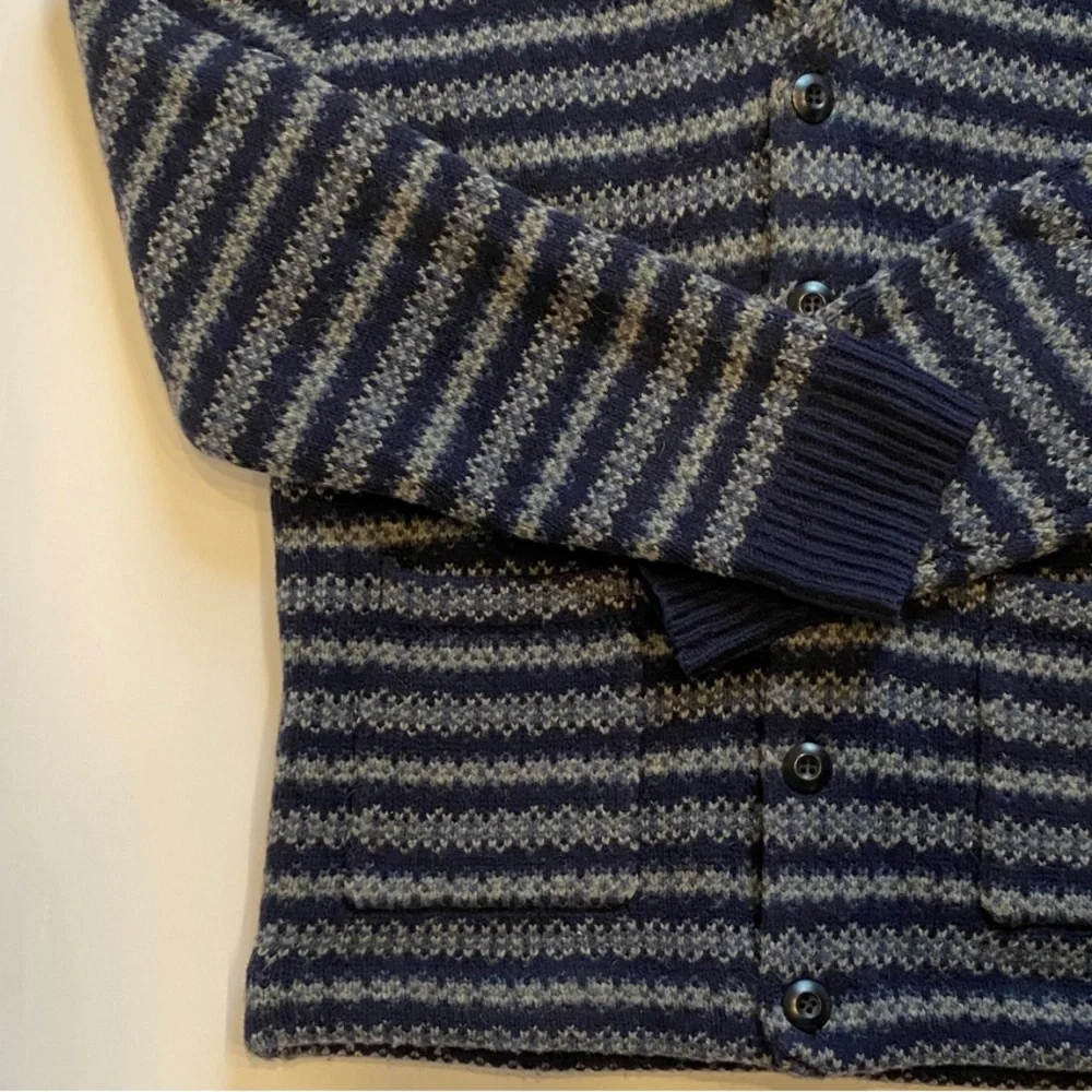 J. Crew Fair Isle lambswool navy and gray striped cardigan